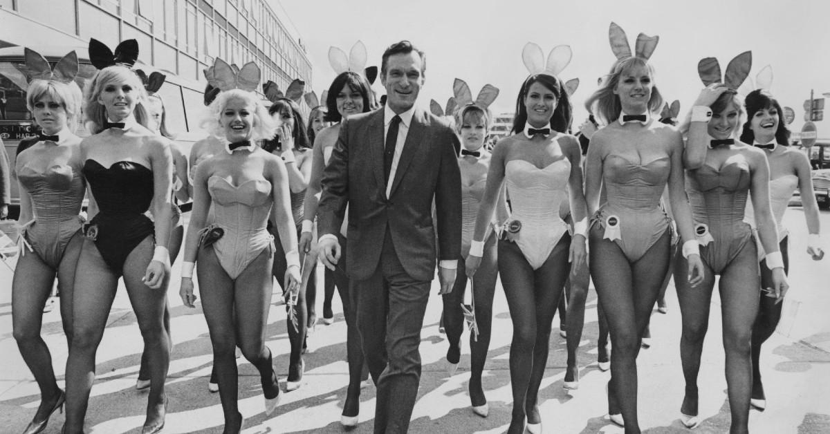 Hugh Hefner and a group of Playboy bunnies in 1966