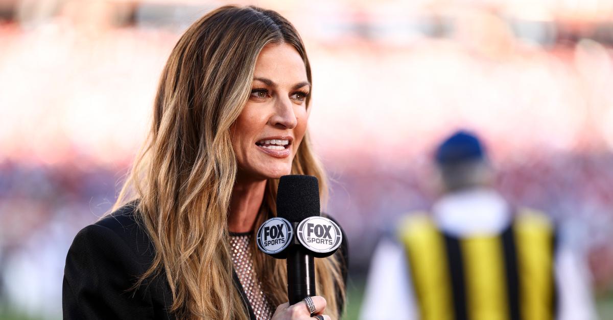 Erin Andrews reports from the sidelines prior to the NFC Championship game between the 49ers and Lions at Levi's Stadium on Jan. 28, 2024.