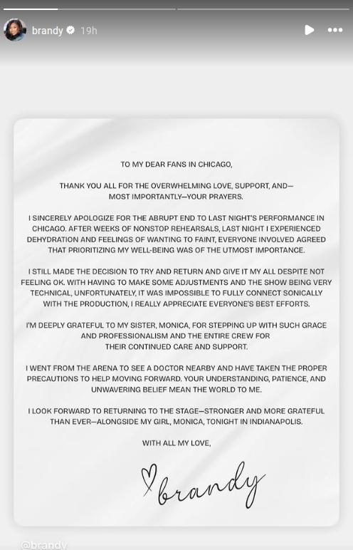 Brandy's Instagram statement about her Chicago concert.