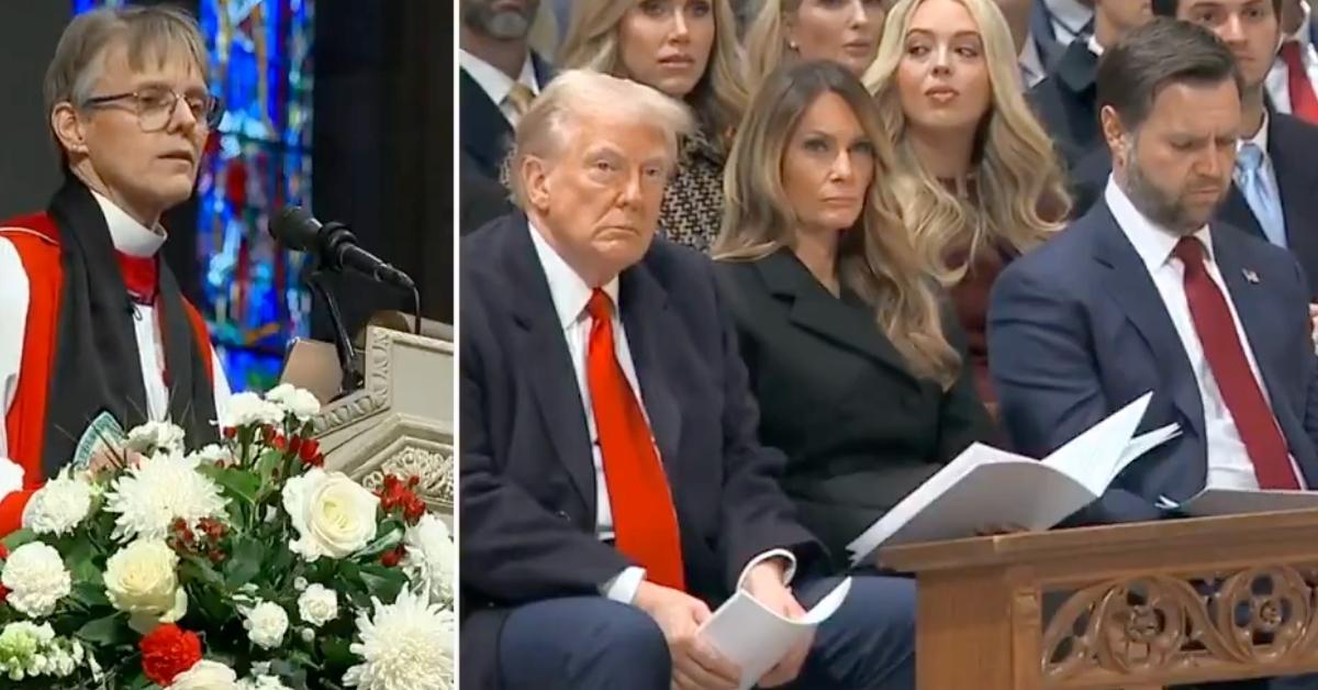 Bishop Mariann Edgar Budde speaking to President Trump during a service at the Washington National Cathedral