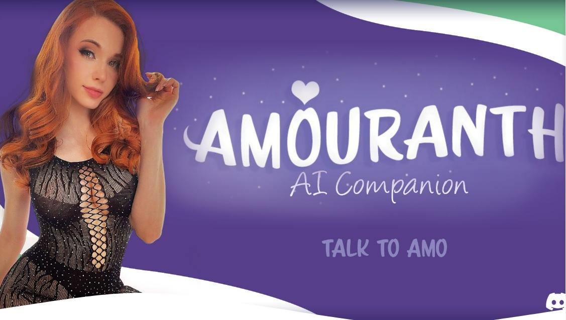 Amouranth posing next to the logo for AmouranthAI.