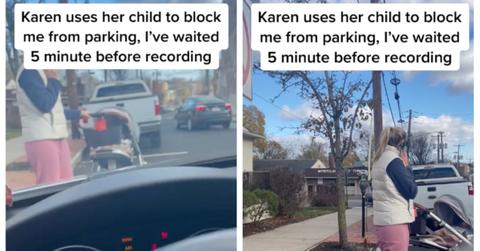 Karen blocks parking spot with baby