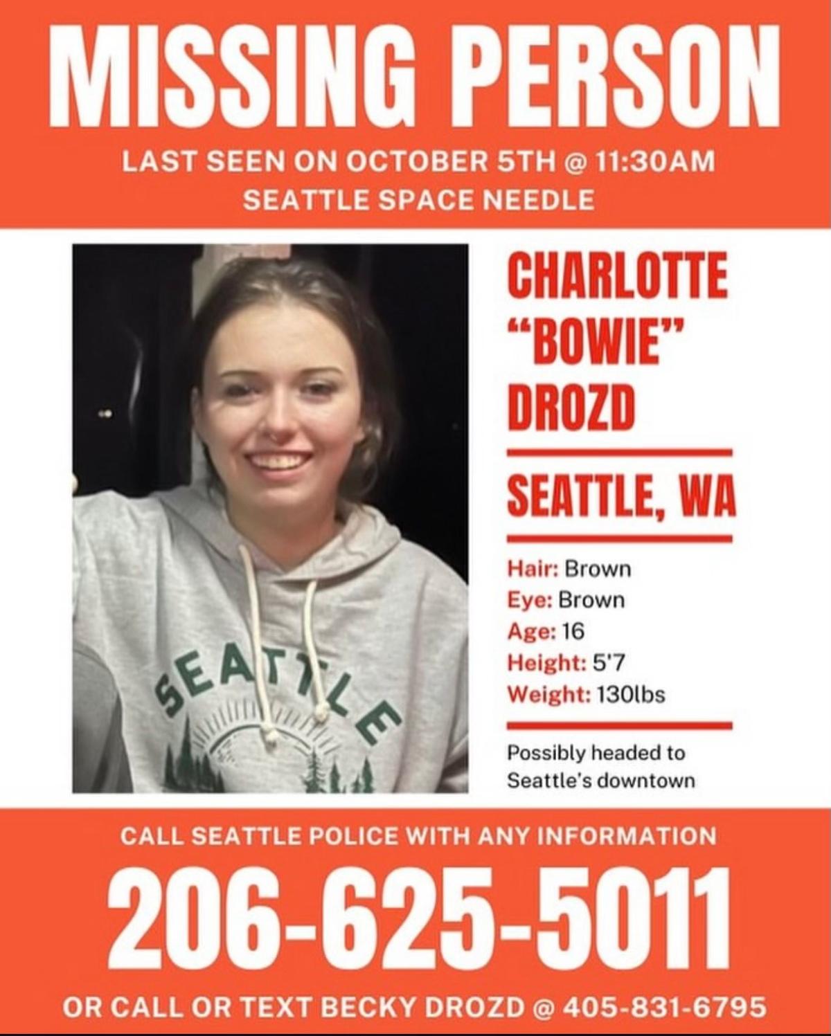 Charlotte "Bowie" Drozed missing persons flyer