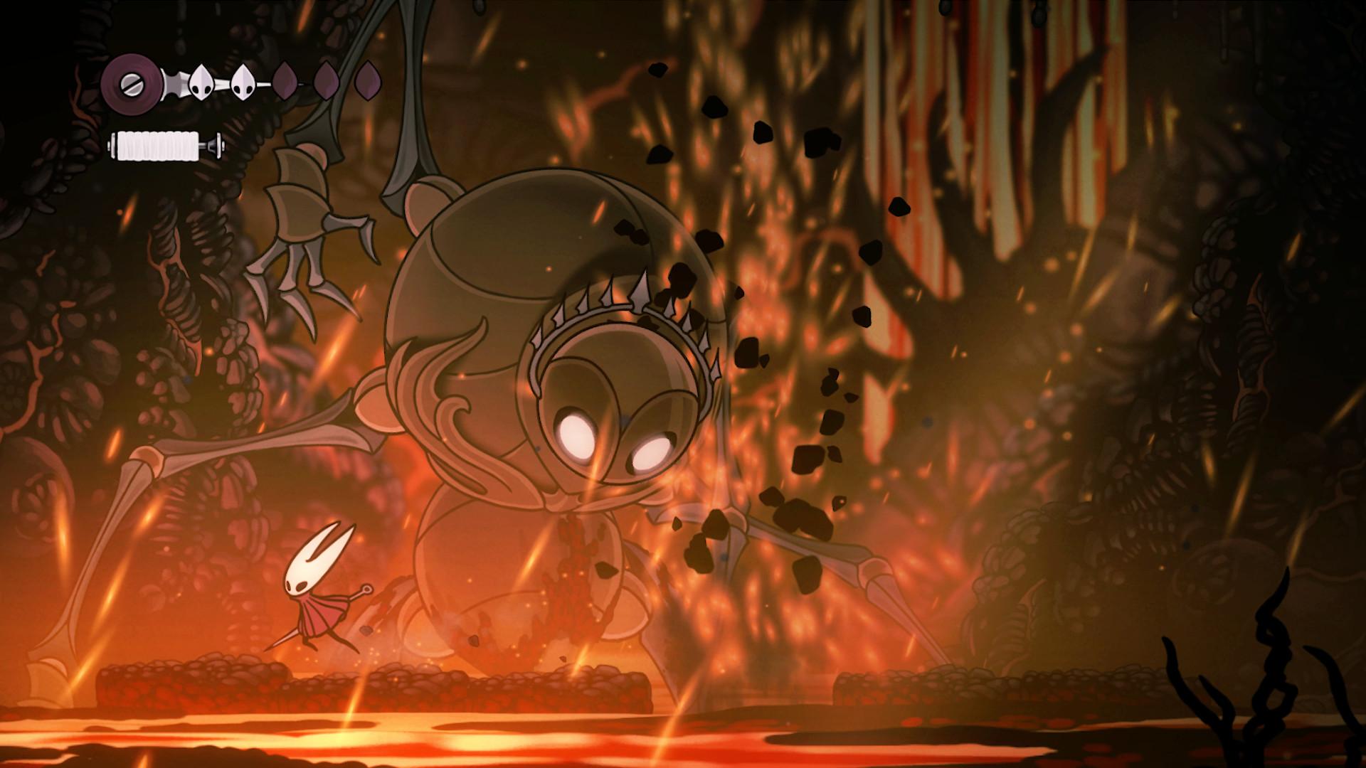 'Hollow Knight: Silksong' Hornet facing off against bright-eyed bug boss in a lava-like arena