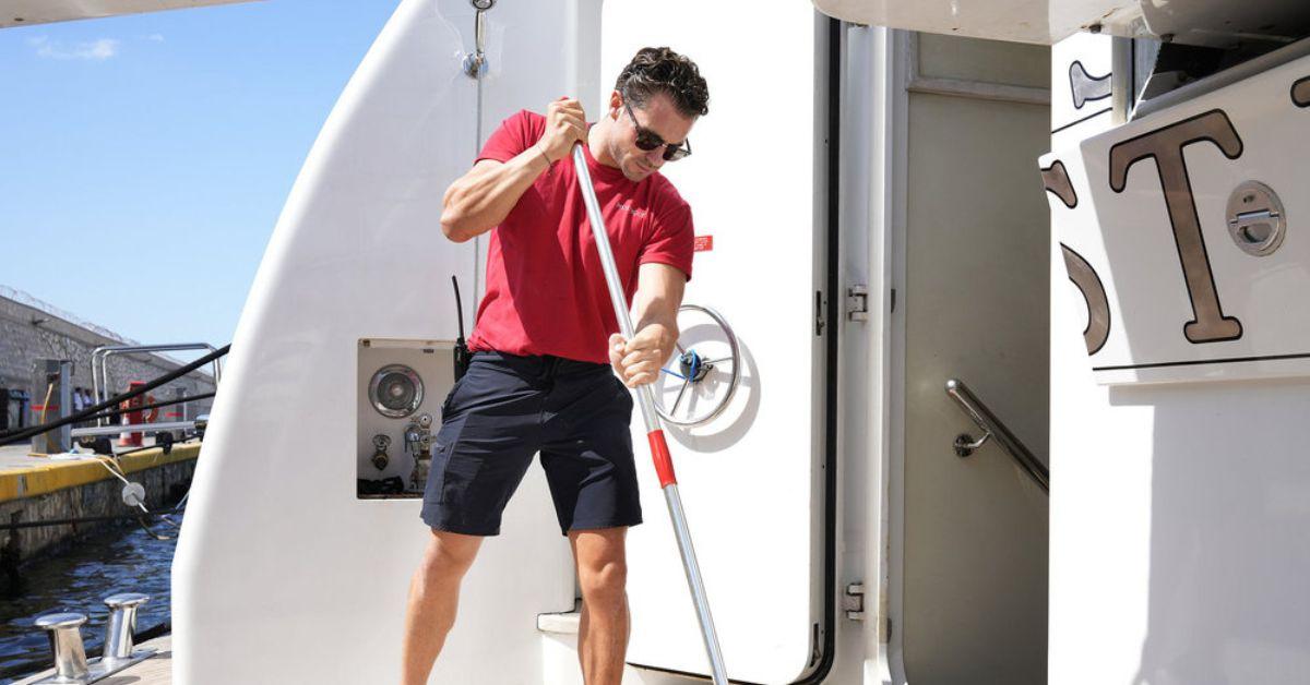 Joe Bradley cleaning aboard the Mustique on 'Below Deck Med'