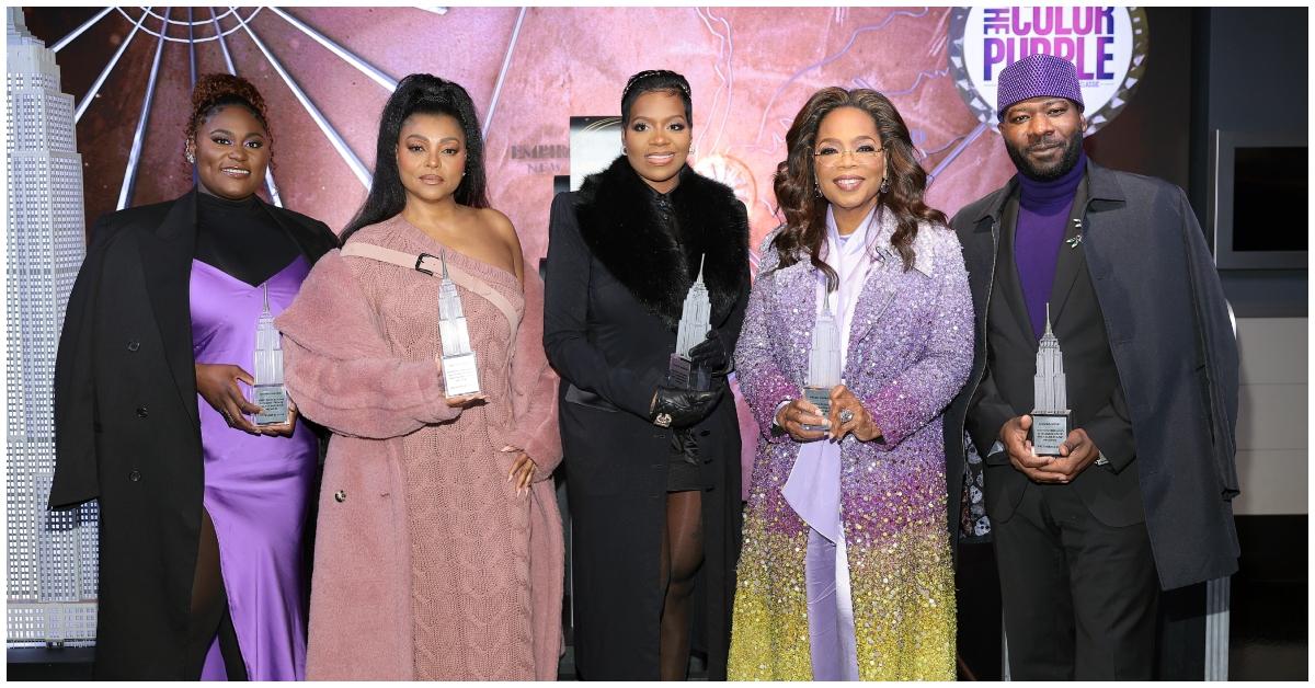 (l-r): Danielle Brooks, Taraji P. Henson, Fantasia Barrino, Oprah Winfrey, and Blitz Bazawule holding trophies