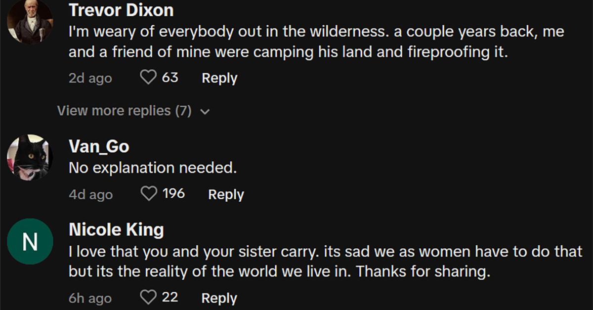 Comments on tiktok about woman hiker carrying gun on trails