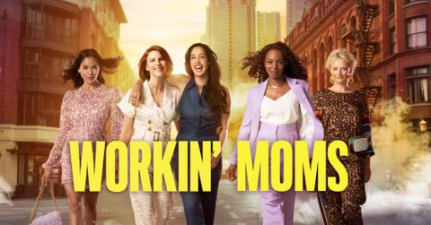 'Workin' Moms' cast and logo.