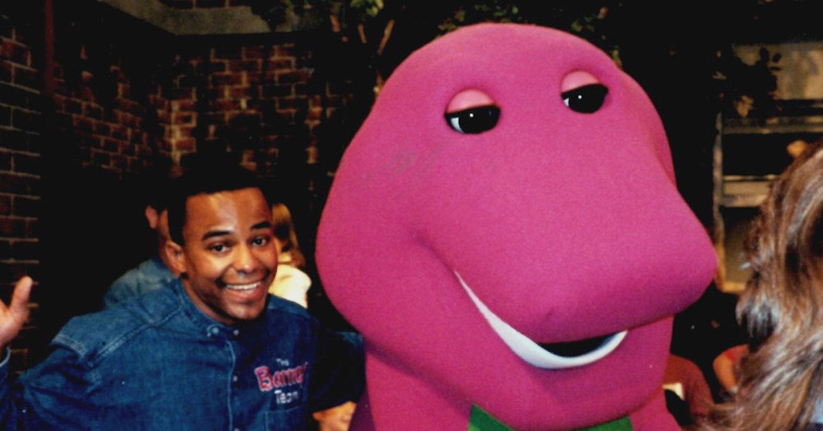 David Joyner and Barney the dinosaur in 'I Love You, You Hate Me'