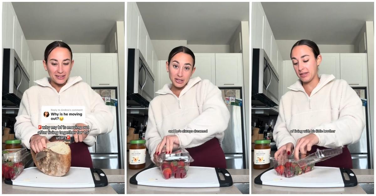 A woman making breakfast and discussing why her boyfriend is moving out