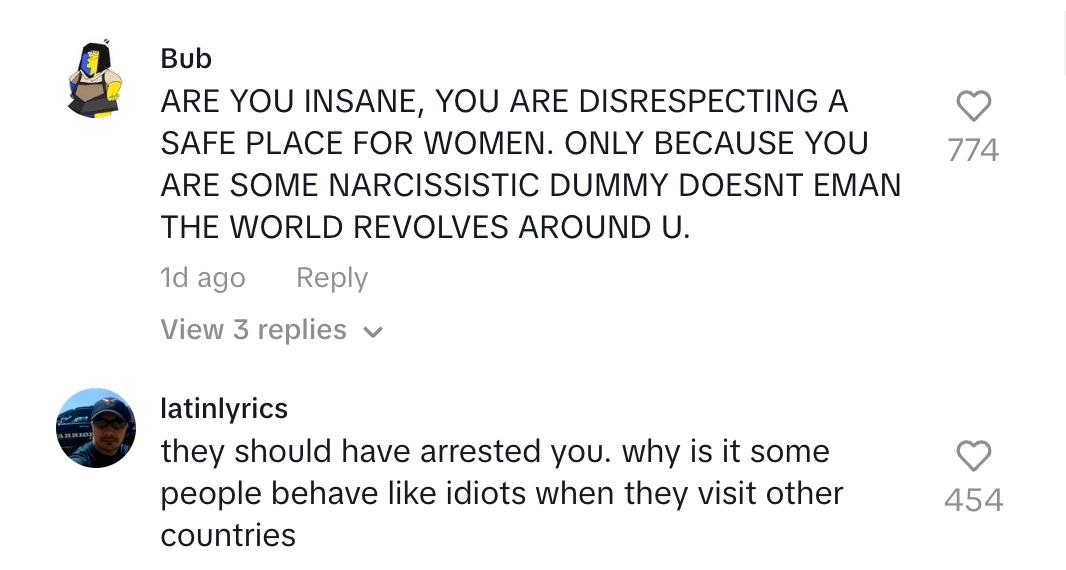 Commenters saying that the man is crazy and should have been arrested.