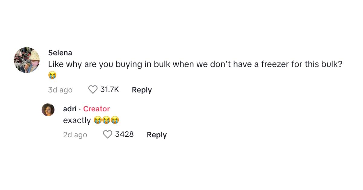 tiktok comment about roommate buying in bulk and hogging fridge