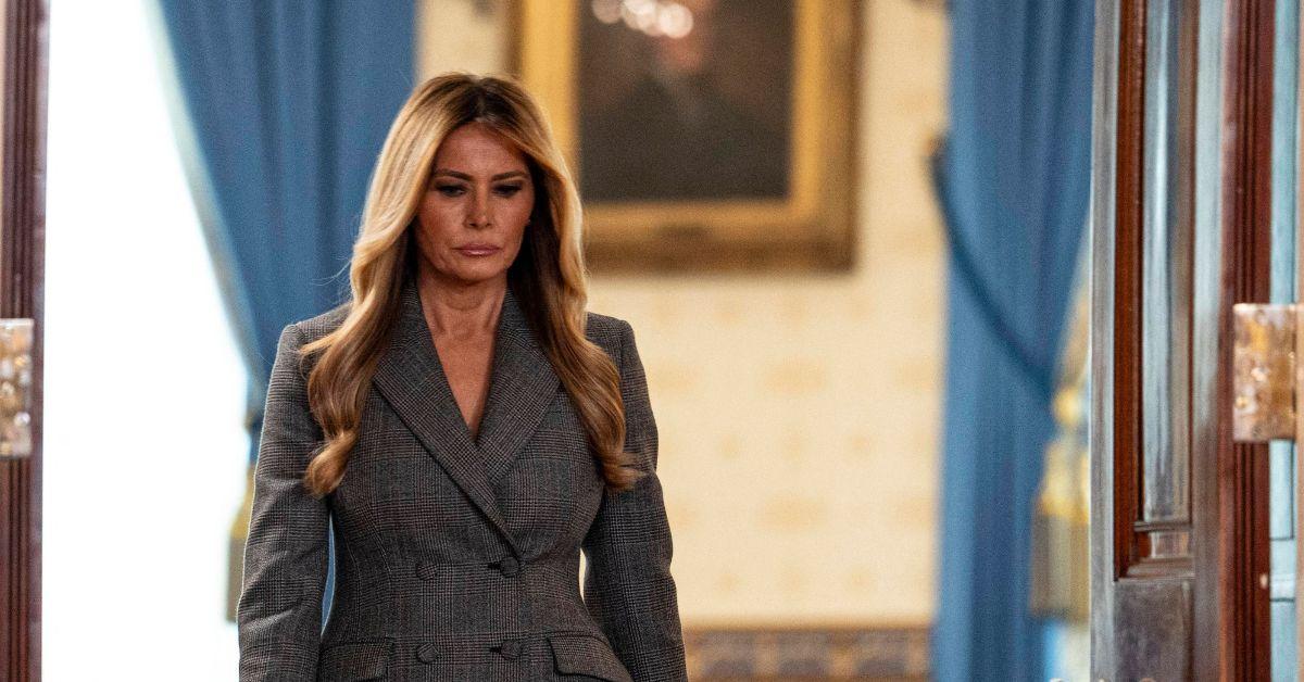 Melania Trump walking to the podium for her Epstein press conference. 