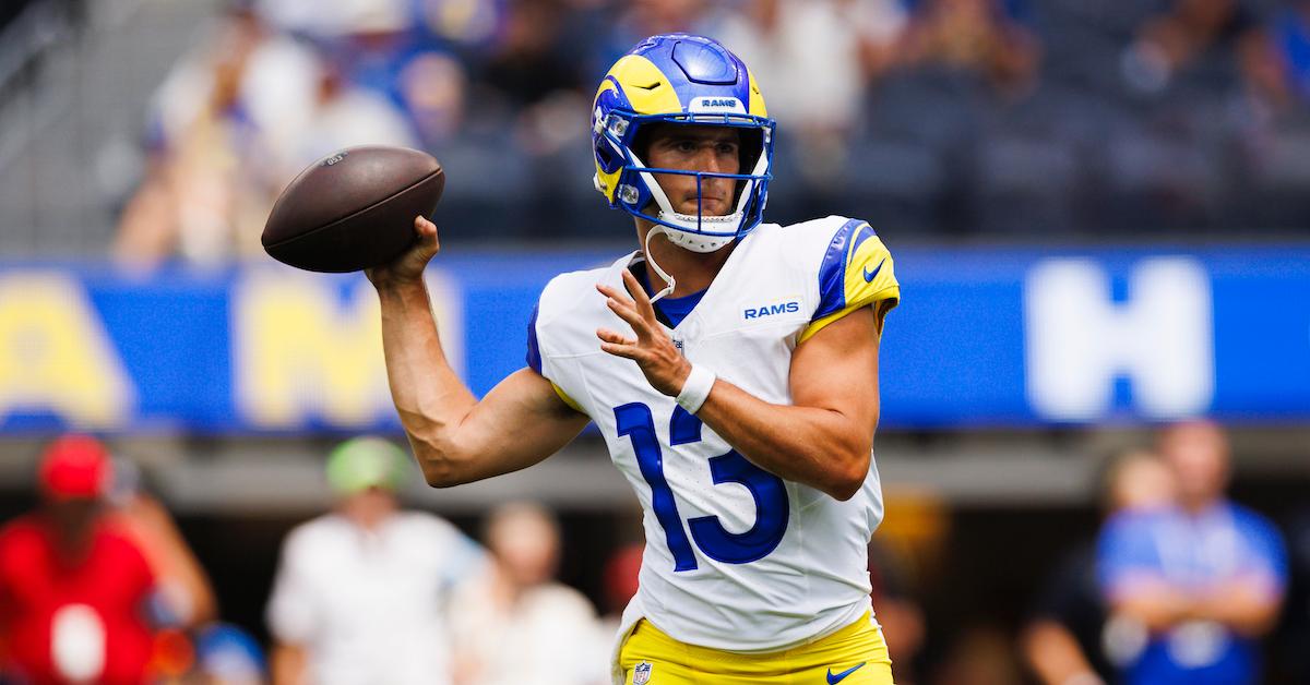 Stetson Bennett #13 of the Los Angeles Rams throws during a preseason game against the Dallas Cowboys at SoFi Stadium on August 11, 2024 in Inglewood, California