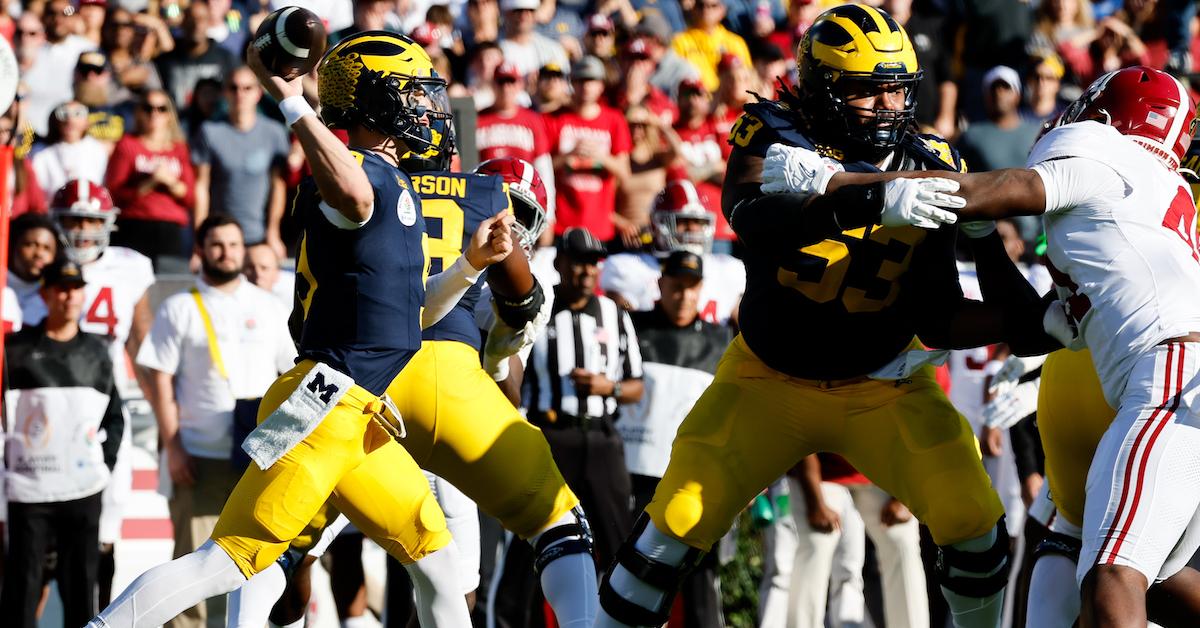 Michigan Wolverines quarterback J.J. McCarthy (9) throws a pass against the Alabama Crimson Tide during the first half of the College Football Playoff semifinals on Jan. 1, 2024