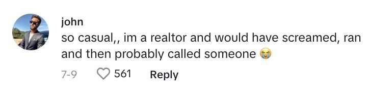 TikTok commenter says: "So casual — I’m a realtor and would have screamed, ran, and then probably called someone,”