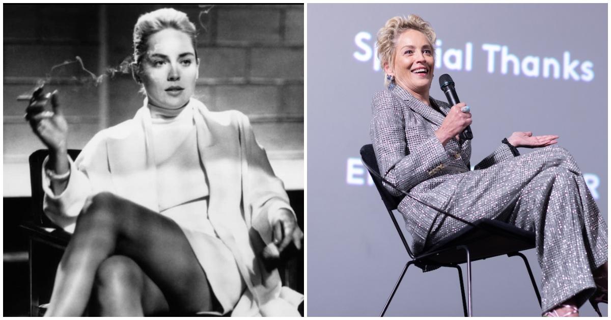 A side-by-side photo of Sharon Stone in the film and 30 years later