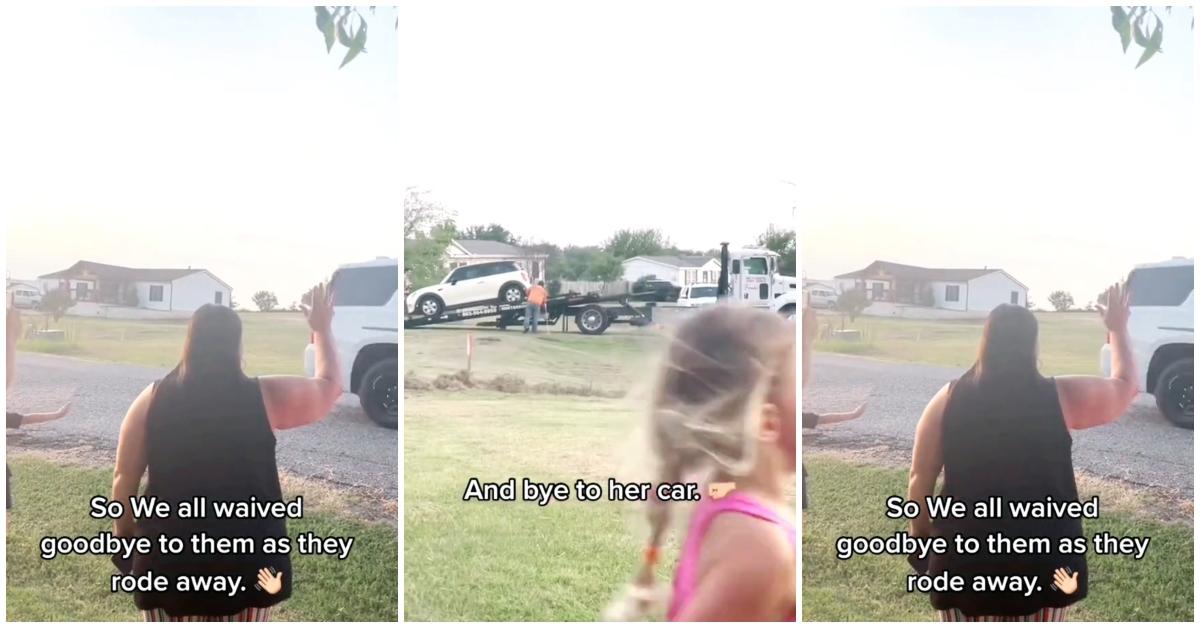 (l-r): A neighborhood waving goodbye at neighbors being arrested and the neighbors' car towed