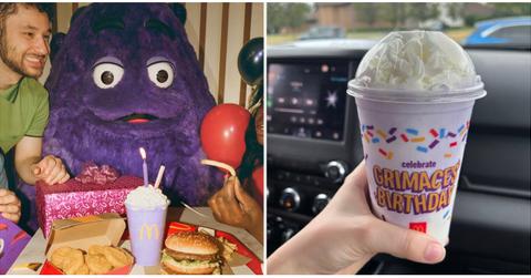 mcdonald's grimace enjoying birthday meal and grimace shake