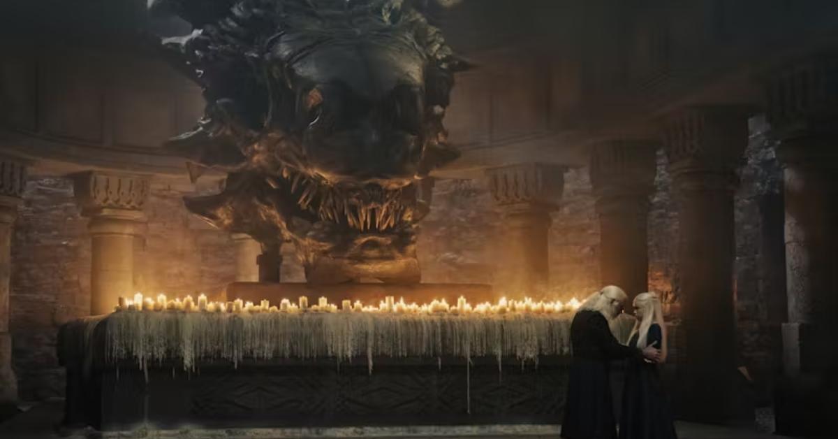 Viserys and Rhaenyra in front of Balerion's skull on House of the Dragon