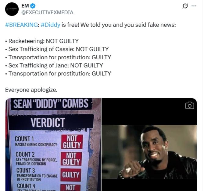 One tweet celebrates Diddy's "not guilty" verdict