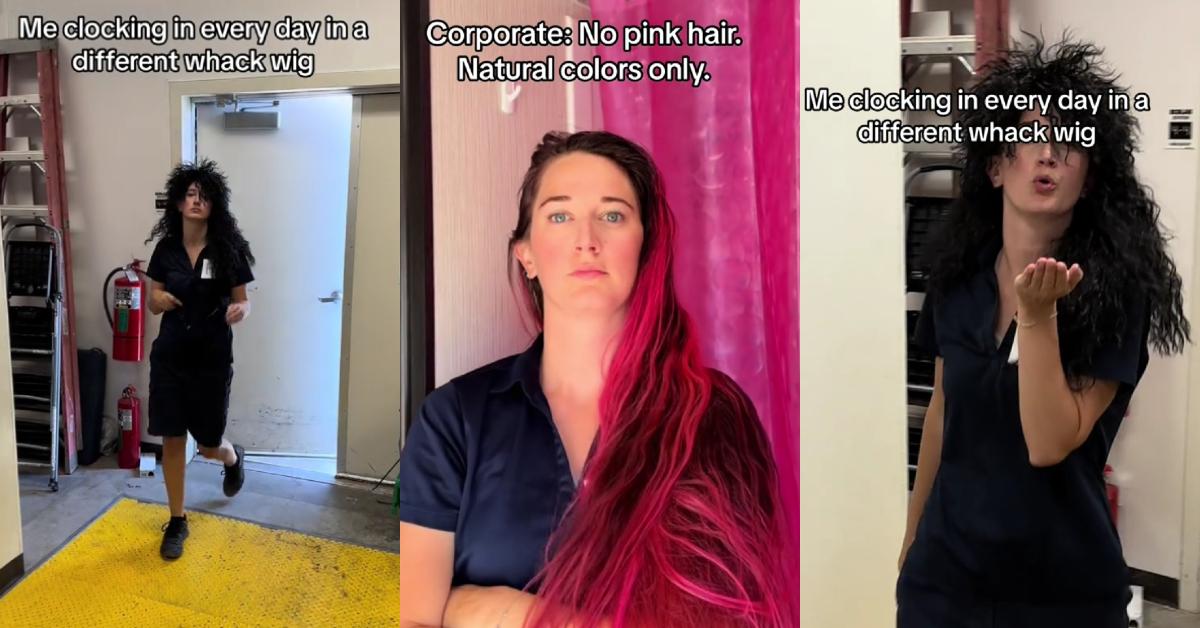 Woman Protests No Pink Hair Policy at Work with Ridiculous Wigs