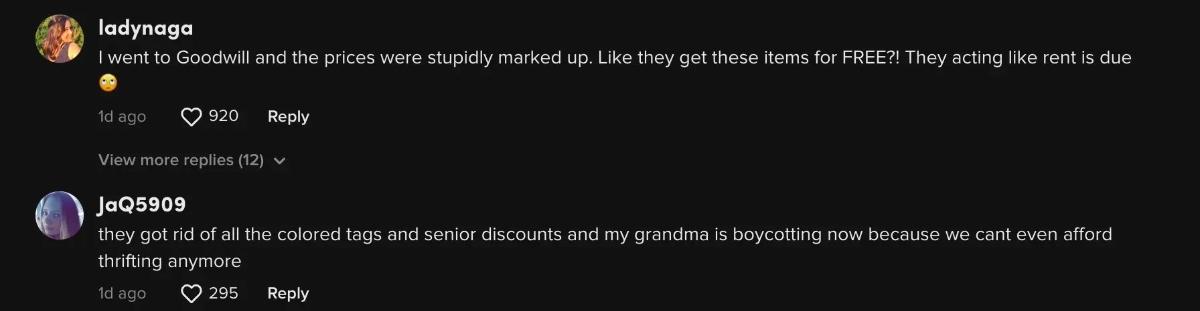 Comments on viral video of a woman complaining about how expensive Goodwill has gotten.