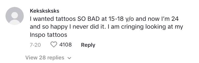 A commenter saying that not getting tattoos at a young age was a good idea