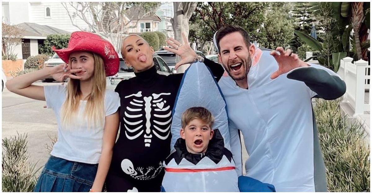 (l-r): Taylor, Heather, Brayden, and Tarek El Moussa wearing Halloween costumes.