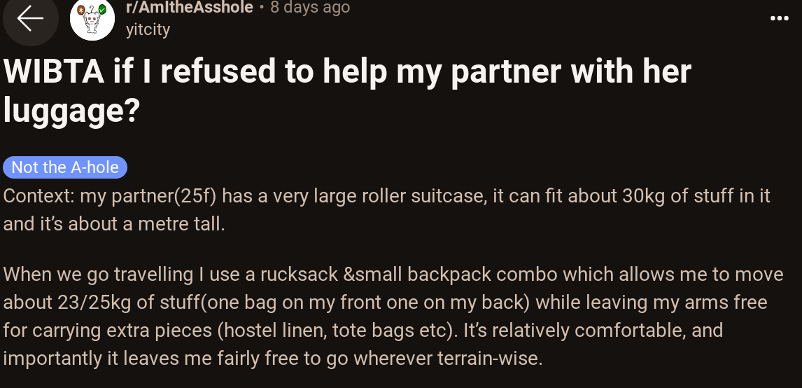 Traveler Wont Carry Partner's Luggage