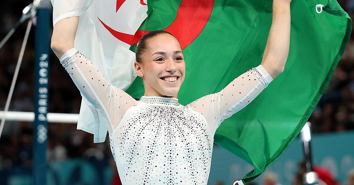 Kaylia Nemour of Team Algeria celebrates winning the Gold medal