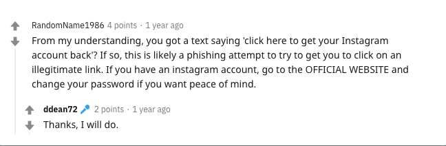 reset Instagram password text is a phishing attempt