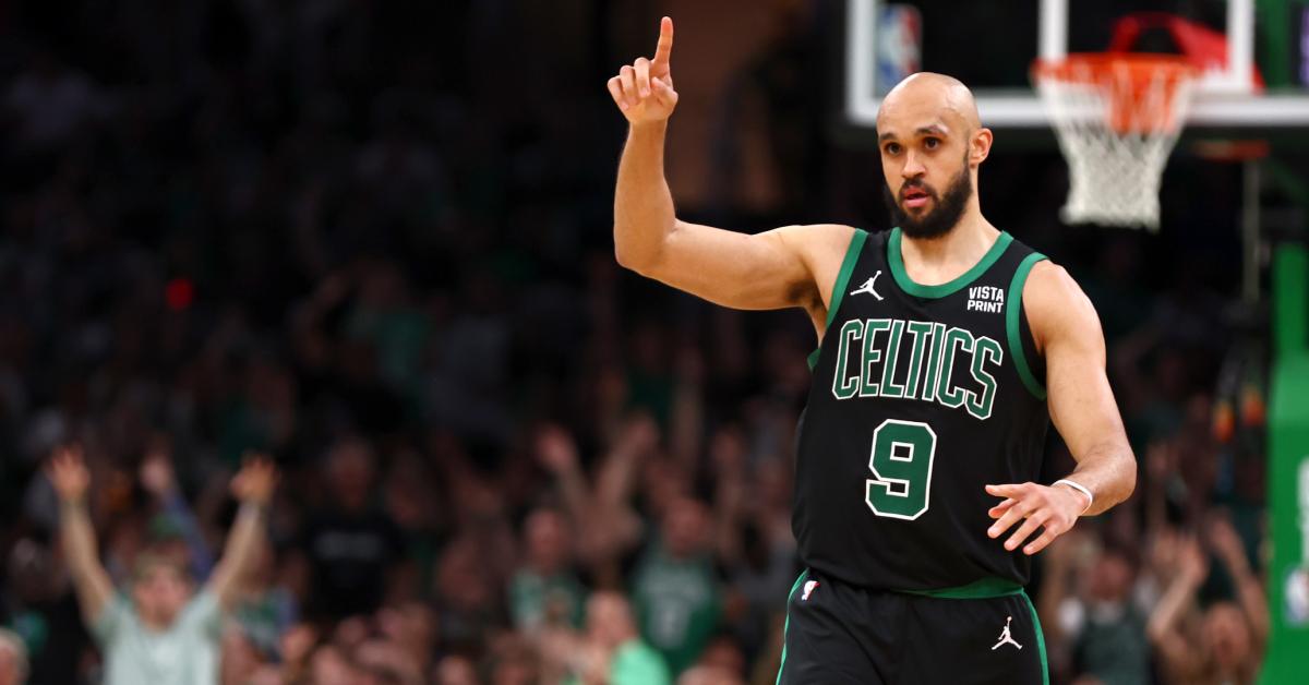 Boston Celtics guard Derrick White on the court at TD Garden on May 23, 2024, in Boston.