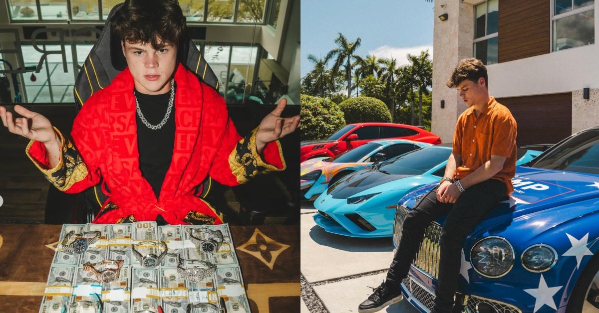 Jack Doherty poses with his cars, watches, and stacks of money.