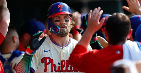 Bryce Harper is congratulated after he hit a two-run home run against the Diamondbacks during the game in June 2024.