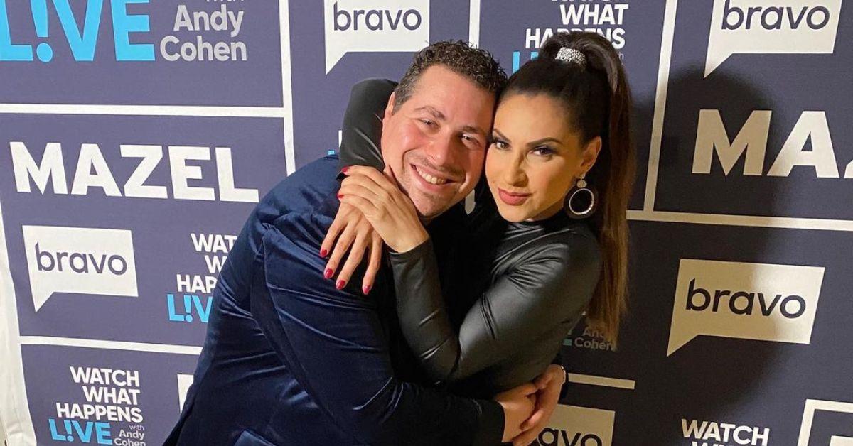 (l-r): Steven Altinel and Jennifer Aydin hugging at WWHL 