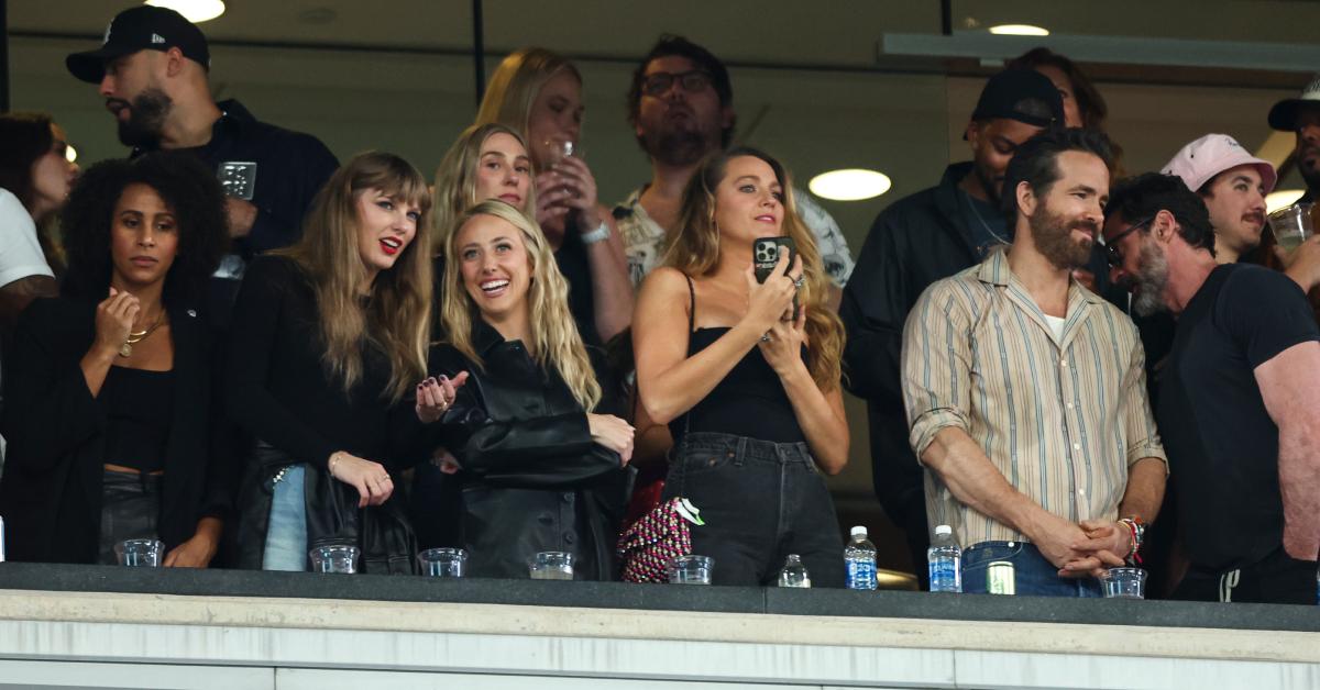 (L-R) Taylor Swift, Brittany Mahomes, Blake Lively, Ryan Reynolds, and Hugh Jackman at the Chiefs-Jets game on Oct. 1, 2023.