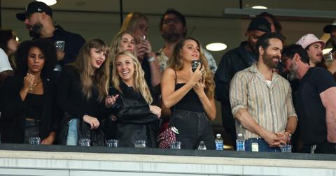 (L-R) Taylor Swift, Brittany Mahomes, Blake Lively, Ryan Reynolds, and Hugh Jackman at the Chiefs-Jets game on Oct. 1, 2023.