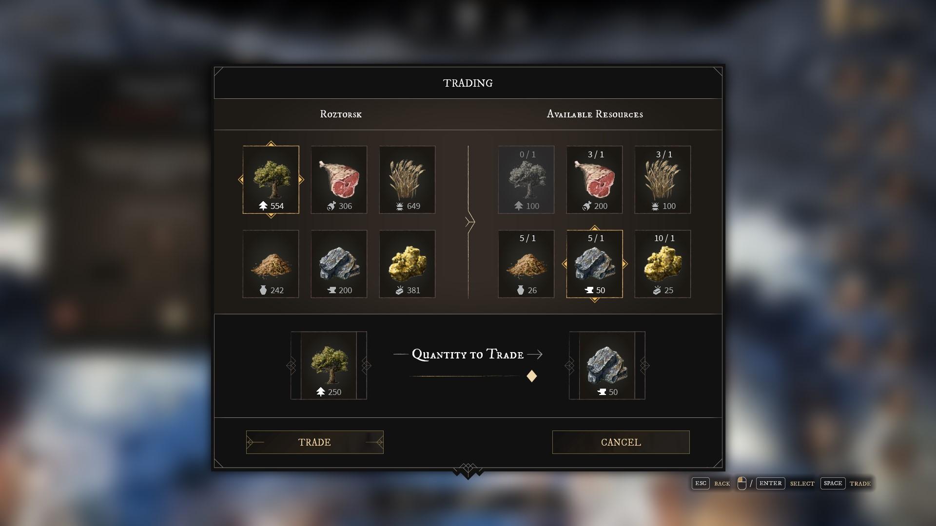 'Gord' Close-up of Trading Post screen where you can exchange materials.