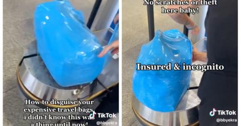 tiktok woman wraps luggage in plastic to travel