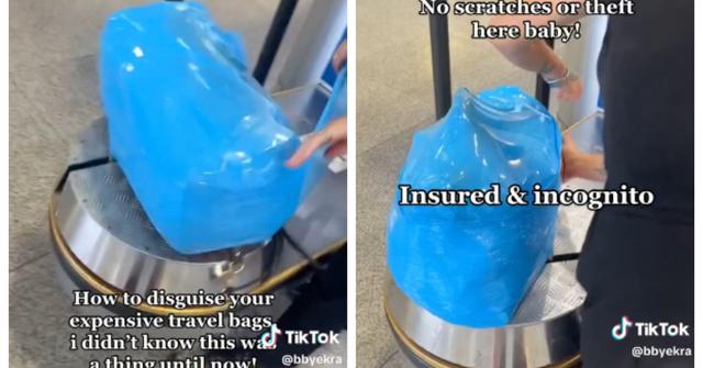tiktok woman wraps luggage in plastic to travel