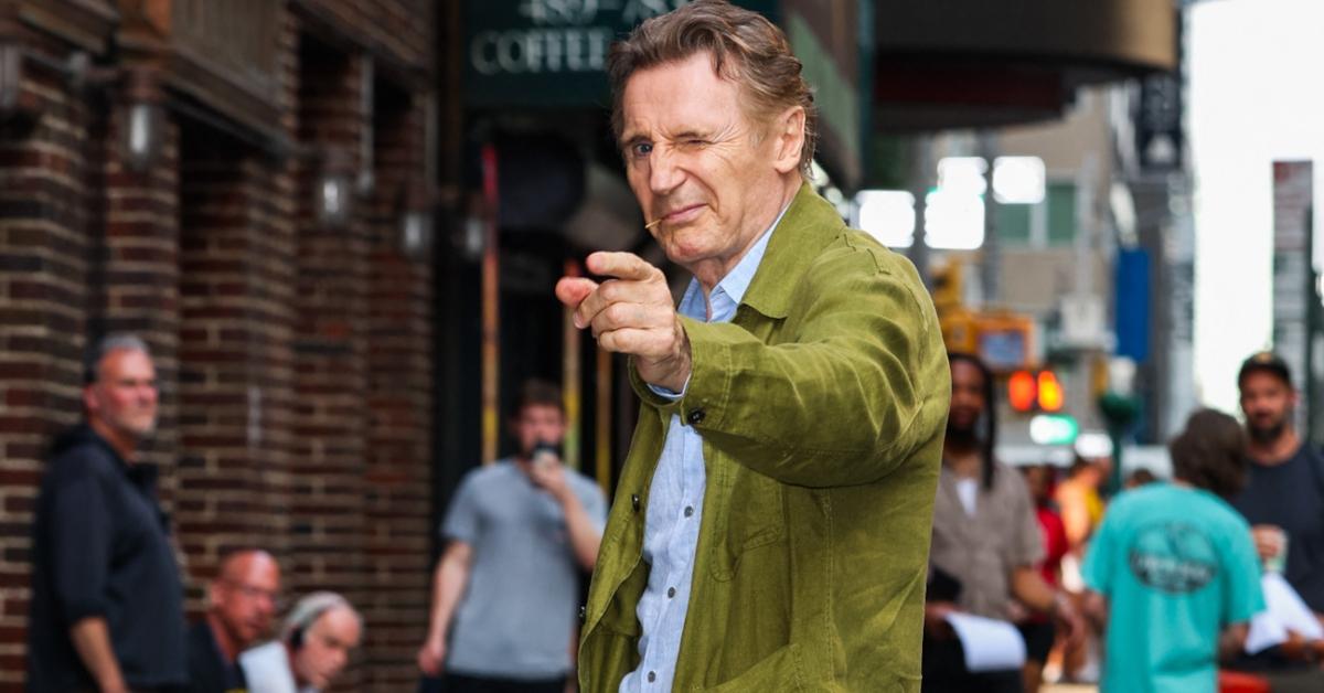 Liam Neeson arrives at Late Show with Stephen Colbert in July 2025.