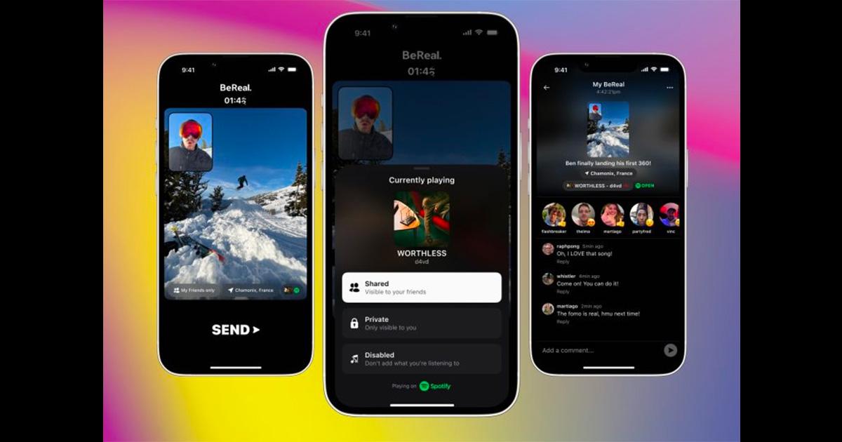 Images of the BeReal app and how it integrates with Spotify. 