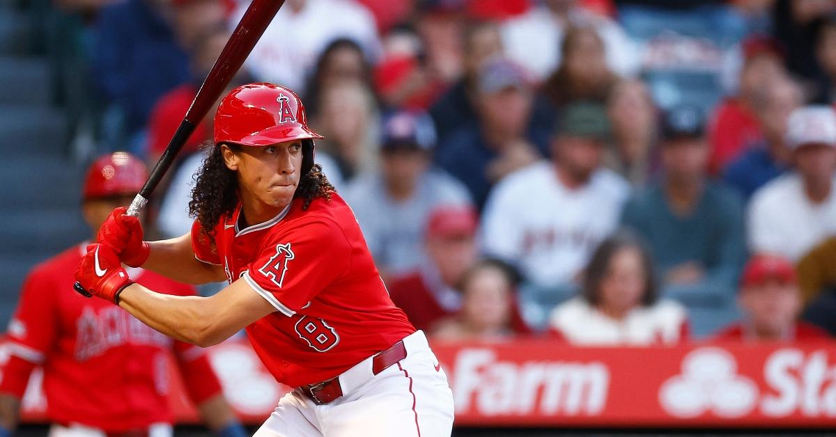 Cole Tucker #8 of the Los Angeles Angels in the second inning at Angel Stadium of Anaheim on April 29, 2024 in Anaheim, California. (Photo by Ronald Martinez/Getty Images)