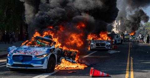 The Waymo car on fire in Los Angeles.