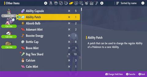 An ability patch in a player's inventory in 'Pokémon Scarlet' and 'Violet'