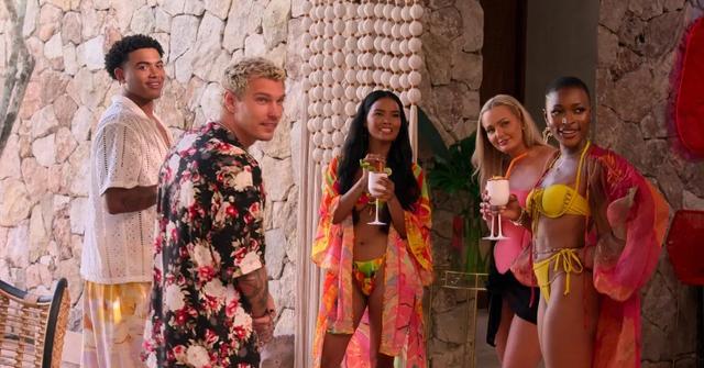 Bryton Constantin, Stevan Ditter, Dominque Defoe, Micah Lussier, and Tolu Ekundare in swimsuits on Perfect Match