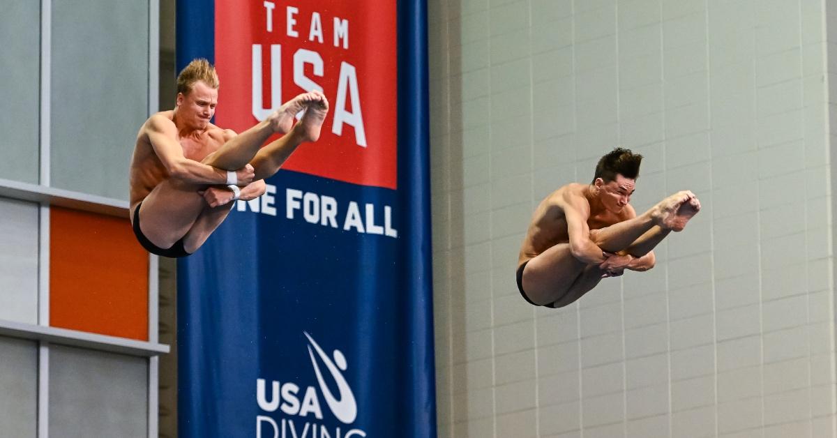 Gregory Duncan and Tyler Downs compete in the Men's 3m Synchronized Finals during the U.S. Olympic Diving Team Trials.