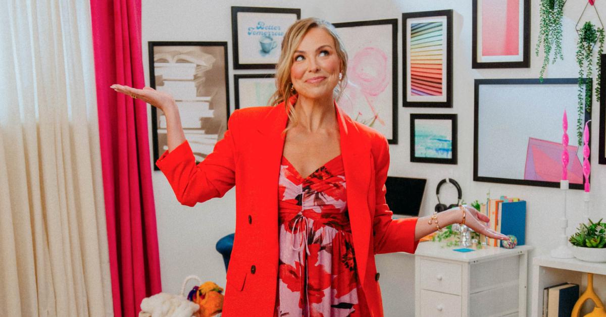 Hannah Brown wears a red blazer and red dress for her Command Brand campaign.