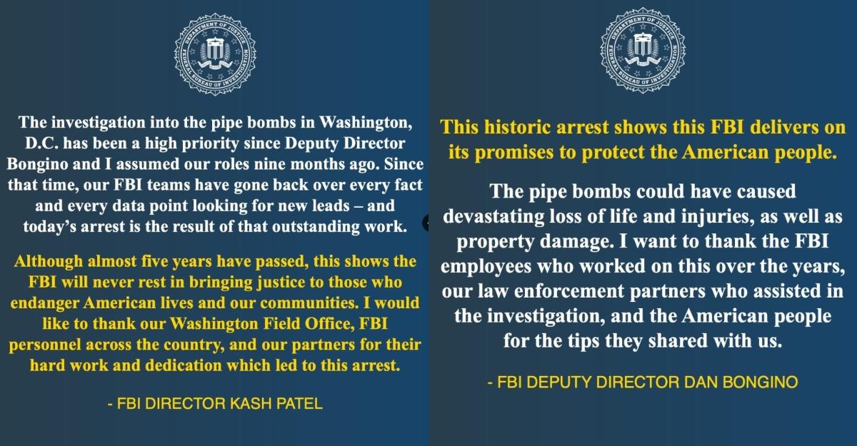 Kash Patel and Dan Bongino posted messages about Brian Cole Jr.'s arrest via the FBI Twitter account.